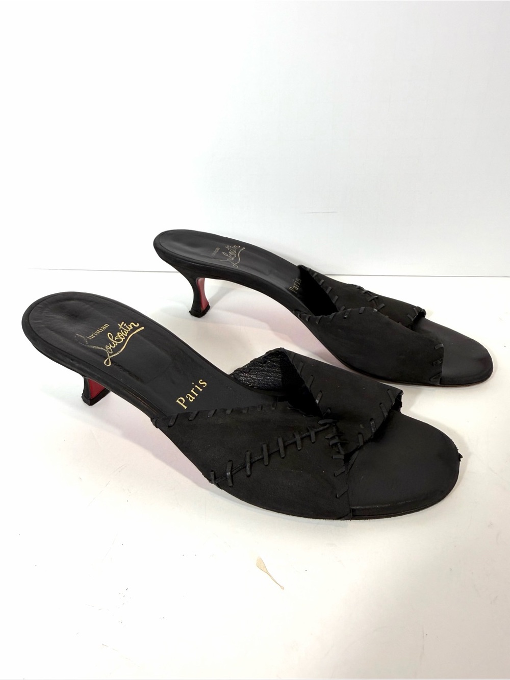 Christian Louboutin Vintage Black Leather Whipstitch Mule Heels 37.5 Italy